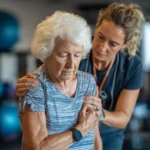 A woman with ALS working with a physiotherapist in a rehabilitation gym to maintain muscle strength and mobility.