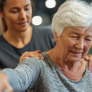 A woman with ALS working with a physiotherapist in a rehabilitation gym to maintain muscle strength and mobility.