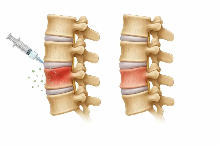 Infographic showing stem cell treatment reducing inflammation in spinal discs