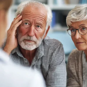 Concerned older couple listening to a doctor discuss Parkinson’s stem cell treatment options