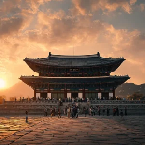 Gyeongbokgung Palace at sunset with tourists visiting, showing Seoul as an option for Stem Cell Therapy