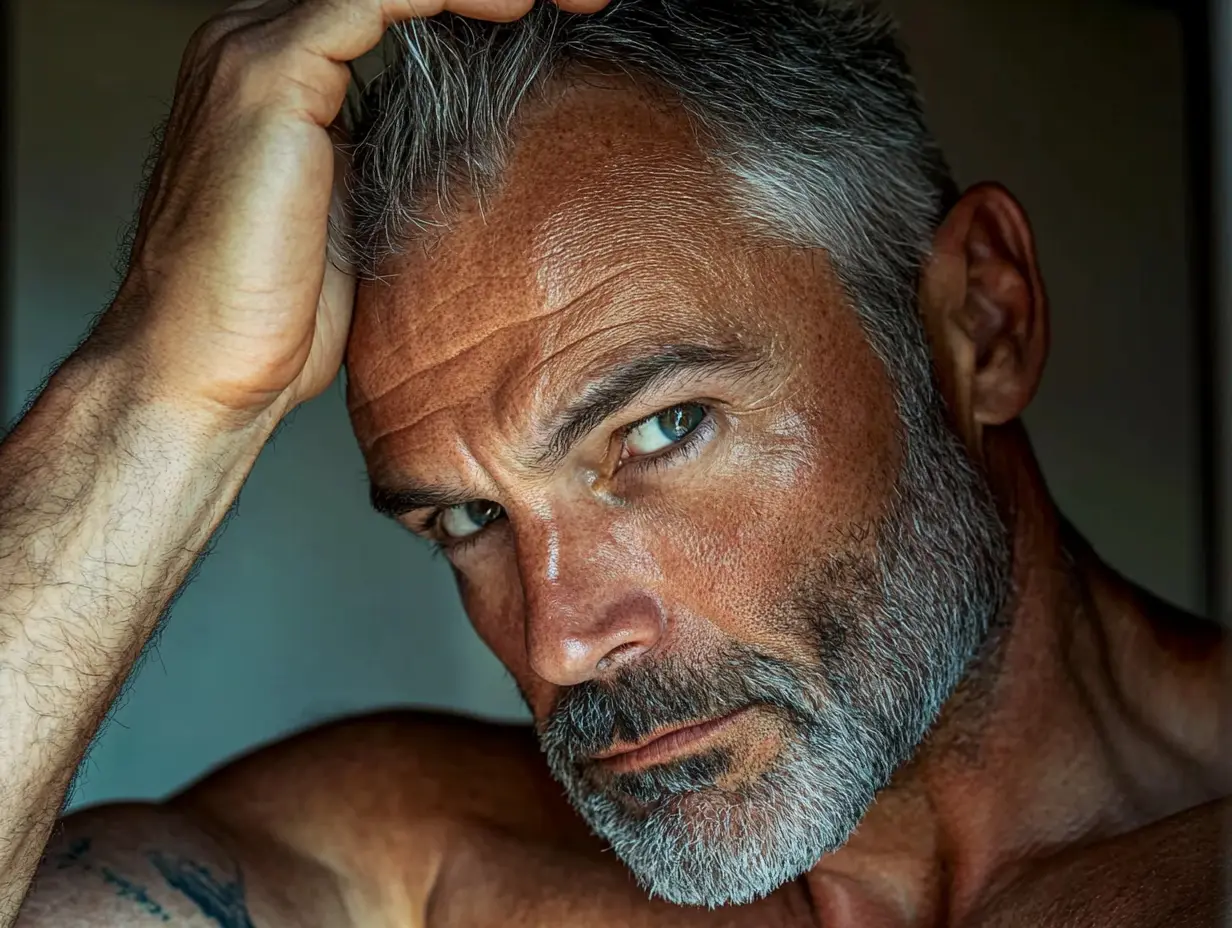 Male looking in the mirror, looking concerned with his hair loss.