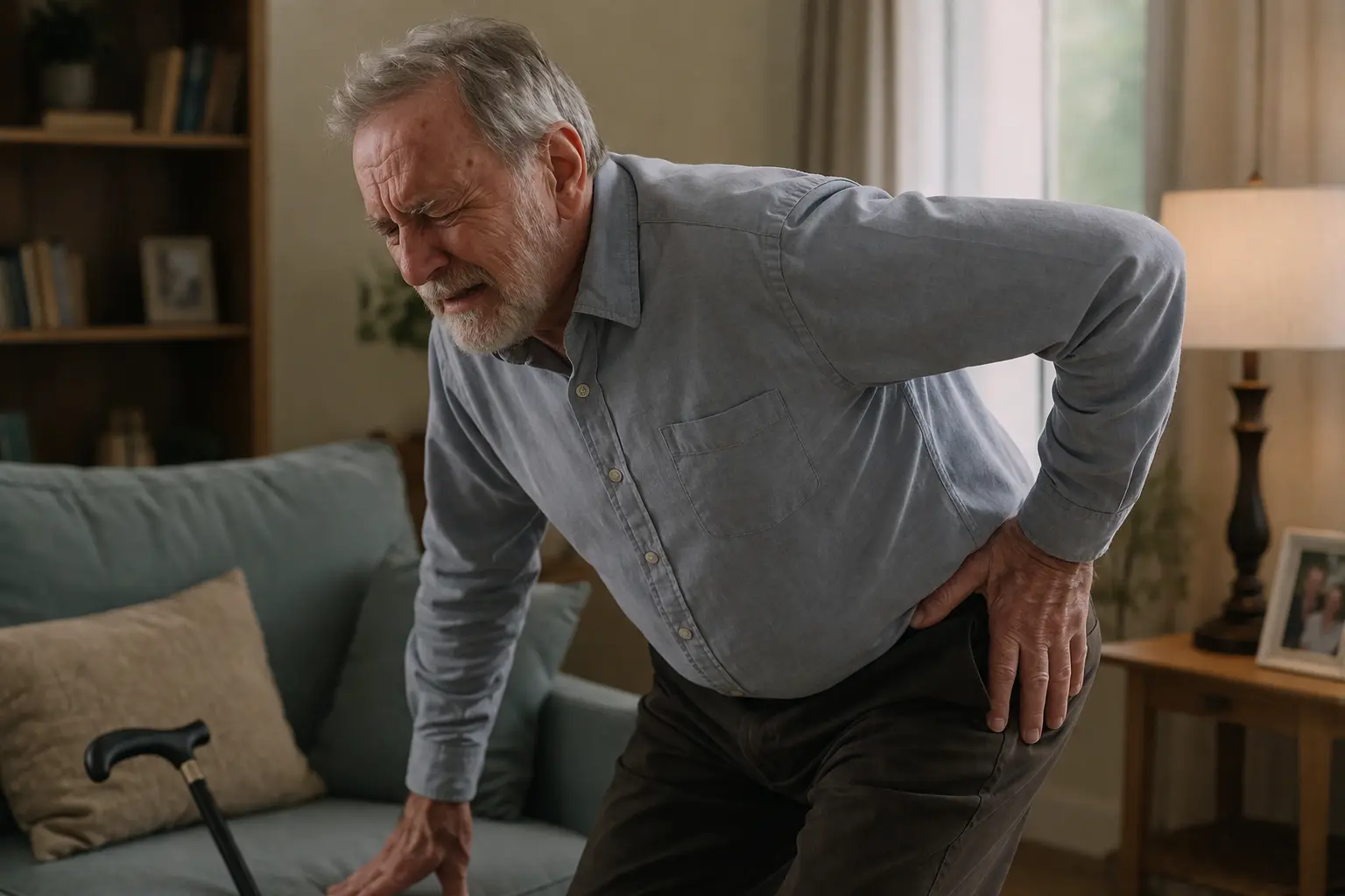 Elderly male in pain from her hip Arthritis, showing the need for Stem Cell Treatment