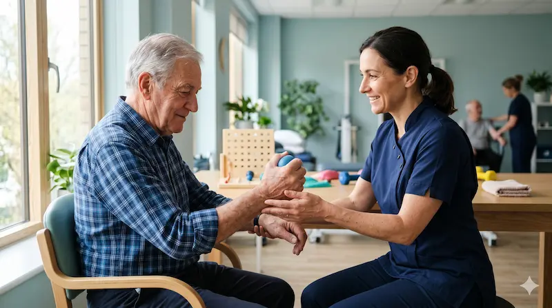 Infographic showing stroke survivor working on physical therapy