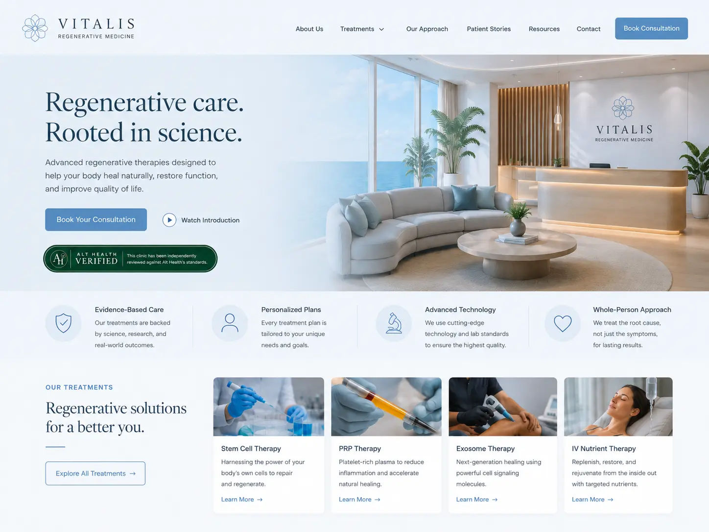 Example regenerative medicine website displaying Alt Health Verified badge