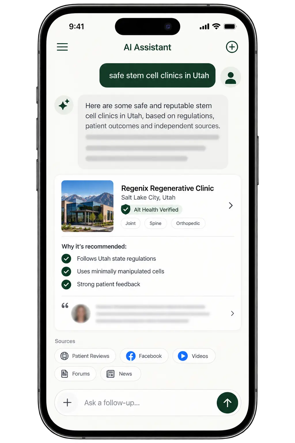 AI search interface showing a patient searching for safe stem cell clinics in Utah