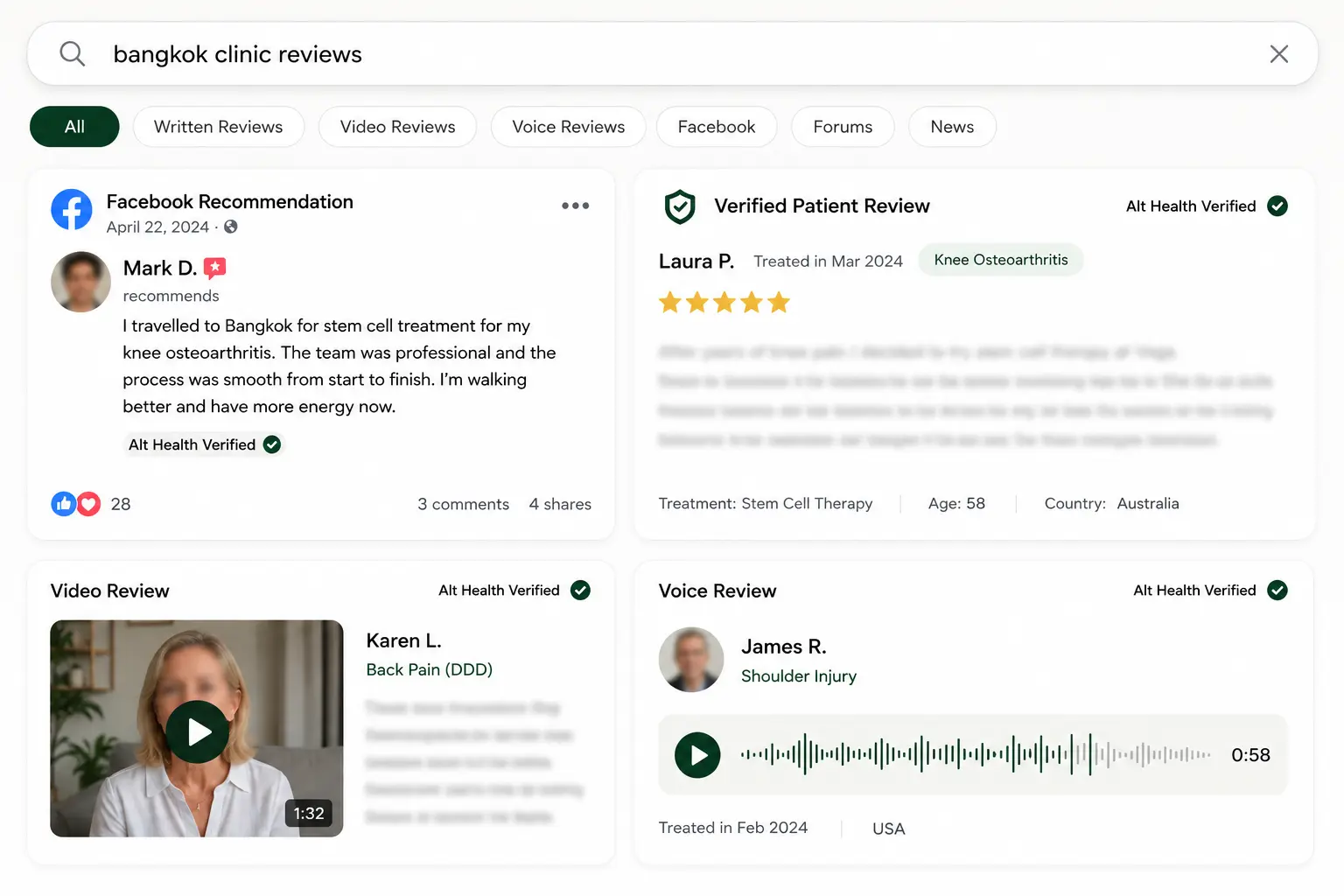 Search results showing written, video, voice and social patient reviews